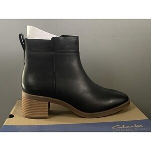 Clarks High Charm Boots Womens Size 10 Black Leather Ankle Block Heel Booties